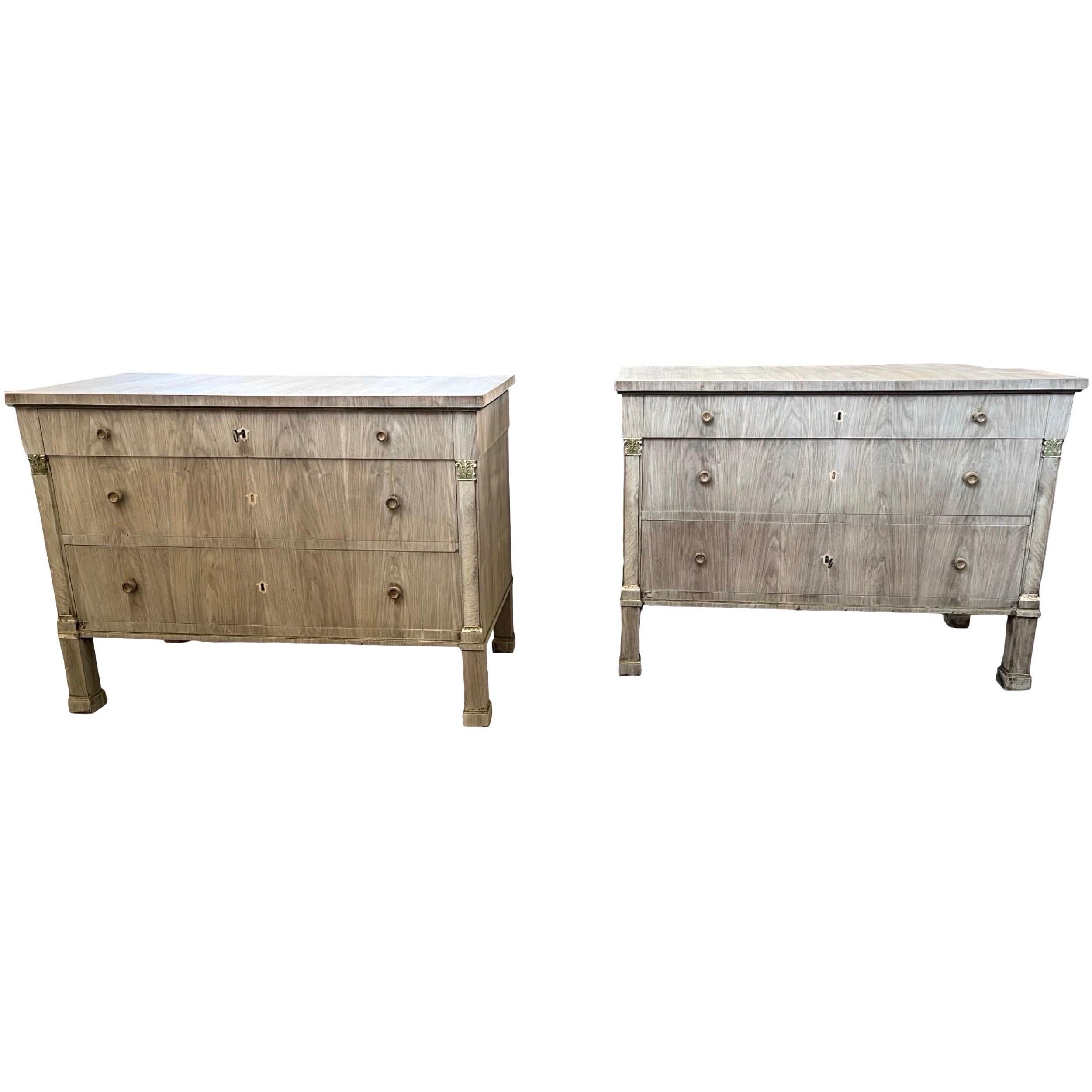 Pair Of Italian Bleached Empire Chest Of Drawers With Walnut Bookmatched Veneer For Sale