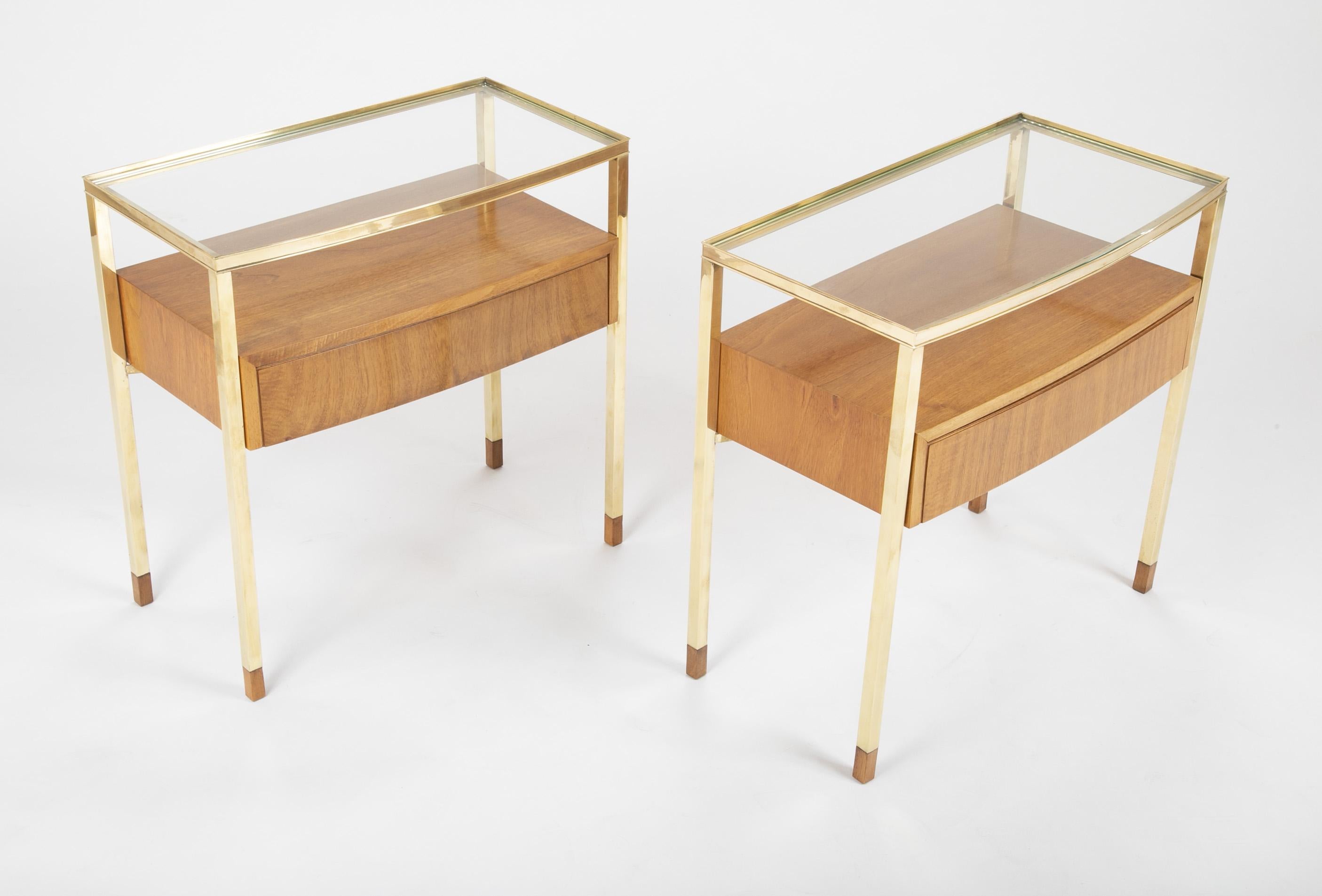 Pair of Italian bleached mahogany glass top side tables with brass armatures.