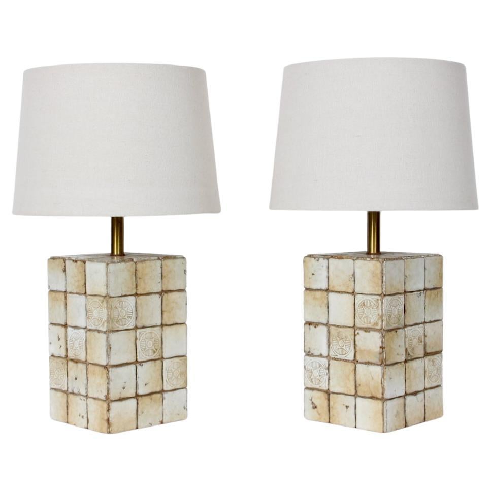 Pair of Italian Block Table Lamps in Pale Yellow & Cream Terracotta Tile, 1950s