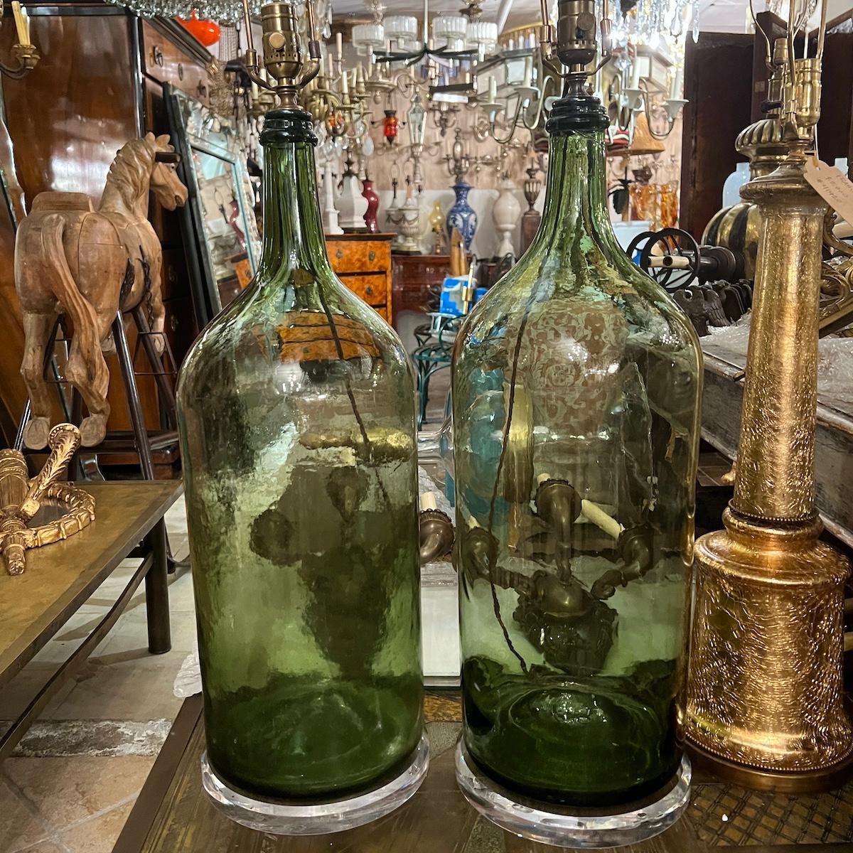 Early 20th Century Pair of Italian Blown Glass Bottle Lamps For Sale