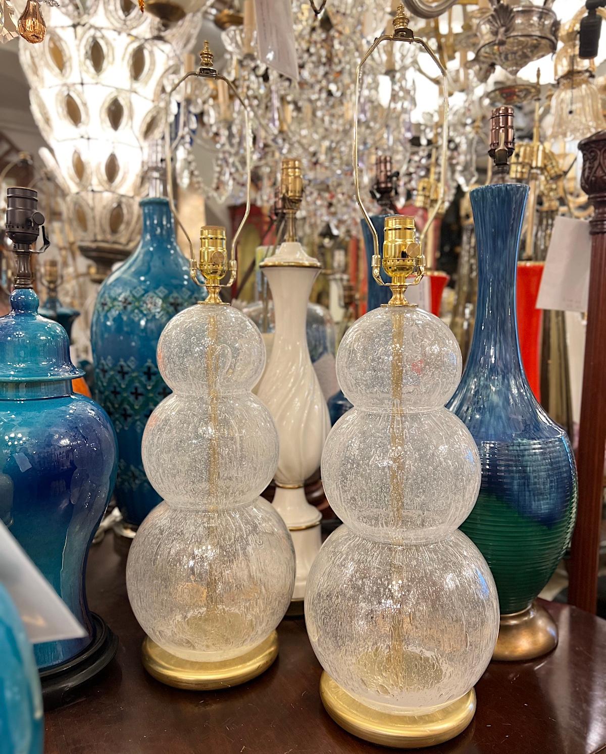 Brass Pair of Italian Blown Glass Lamps For Sale