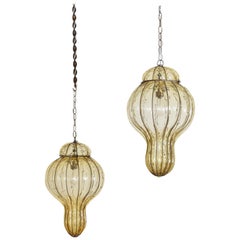 Pair of Italian Blown Glass
Metal Hanging Lanterns, Mid-20th Century, UL Wired Pair of Italian Blown Glass
Metal Hanging Lanterns, Mid-20th Century, UL Wired