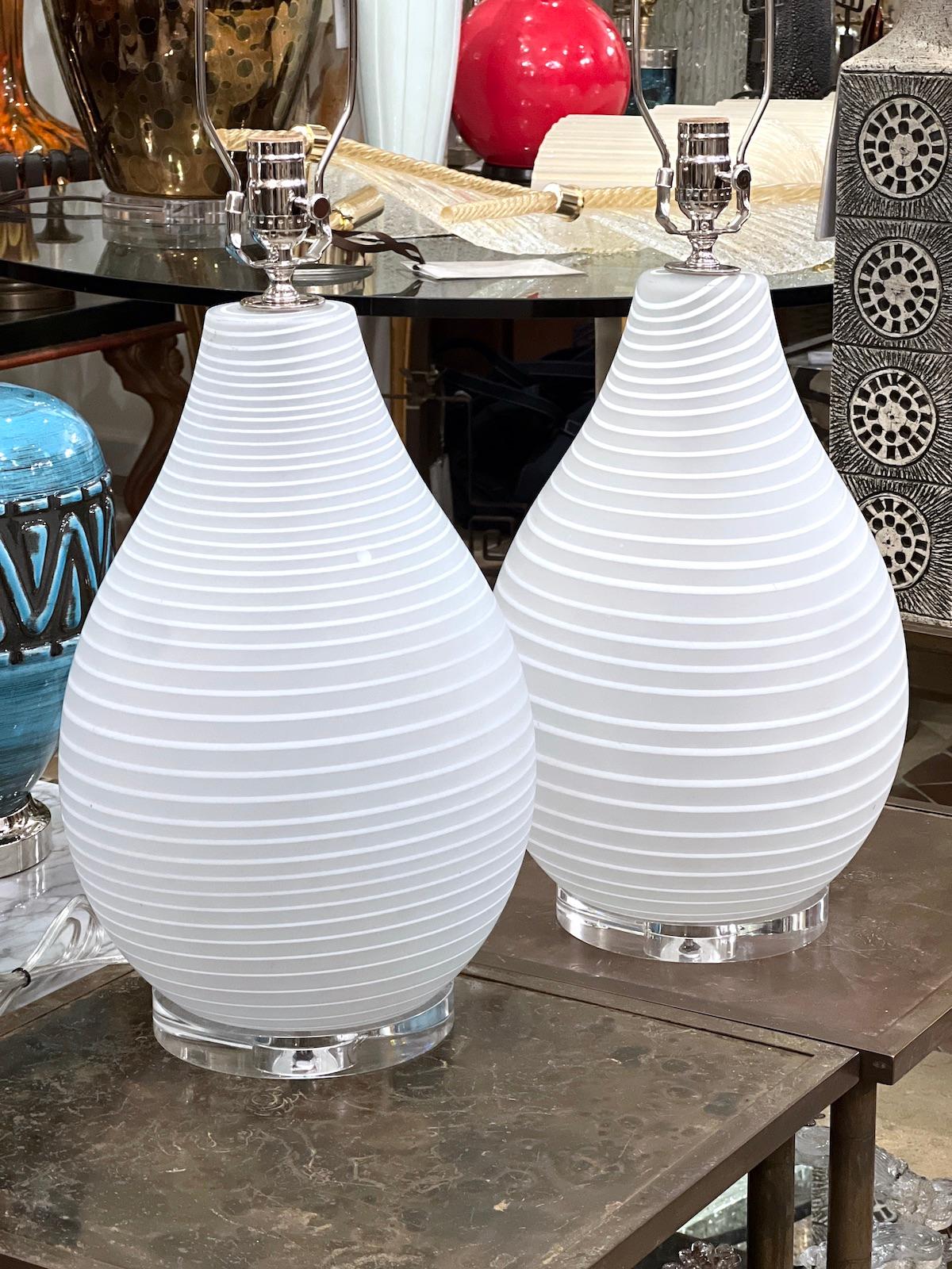 Pair of circa 1960's Italian blown glass lamps with Lucite bases.

Measurements:
Height of body: 17