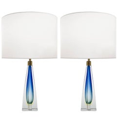 Pair of Italian Blue and Clear Glass Lamps