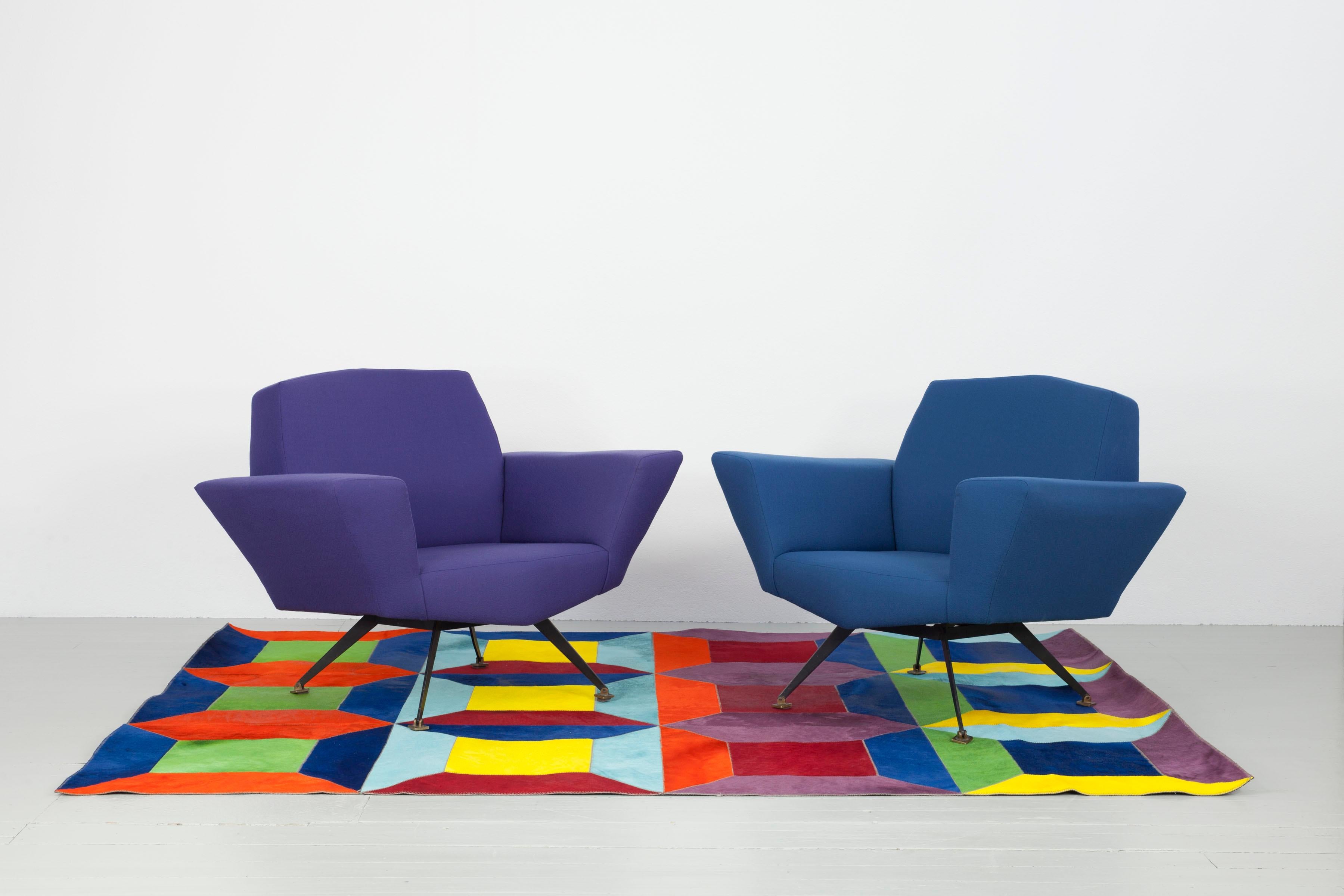Pair of Italian Blue and Violet Armchairs by Lenzi, Studio Tecnico, Italy, 1950s For Sale 6