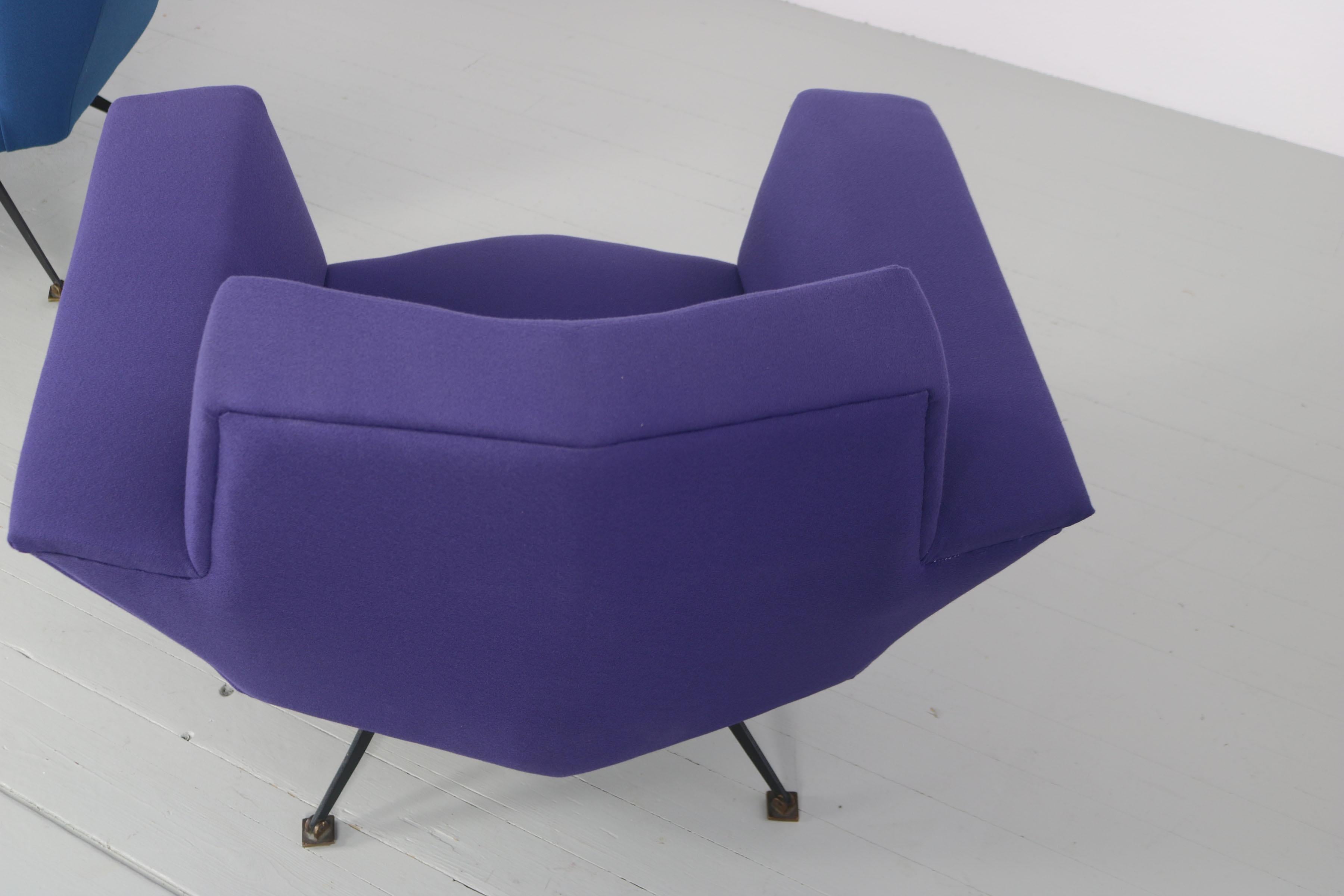 Pair of Italian Blue and Violet Armchairs by Lenzi, Studio Tecnico, Italy, 1950s For Sale 8