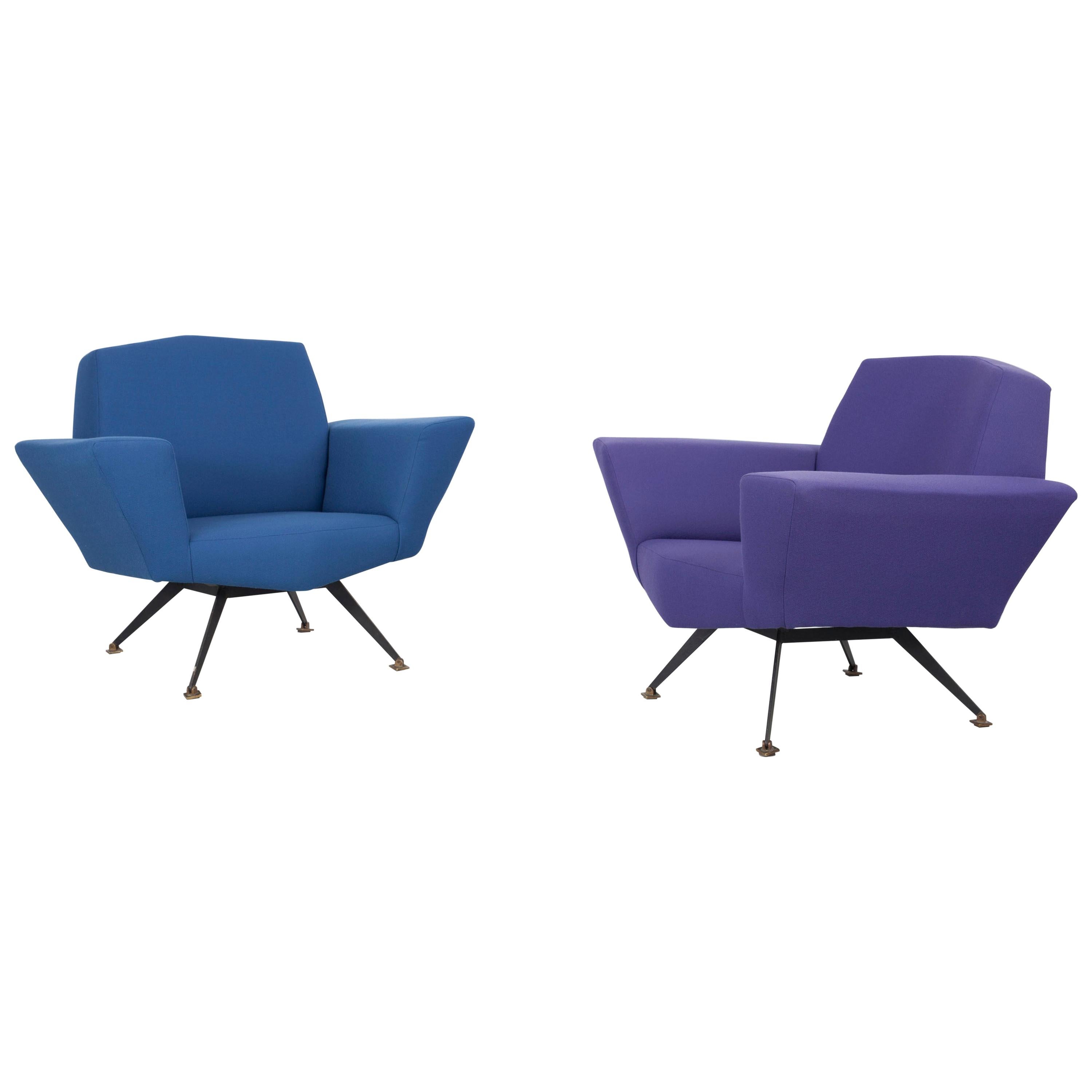 Pair of Italian Blue and Violet Armchairs by Lenzi, Studio Tecnico, Italy, 1950s For Sale