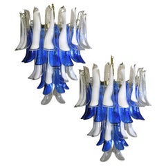 Pair of Italian Blue and White Murano Glass Chandelier, 1980s