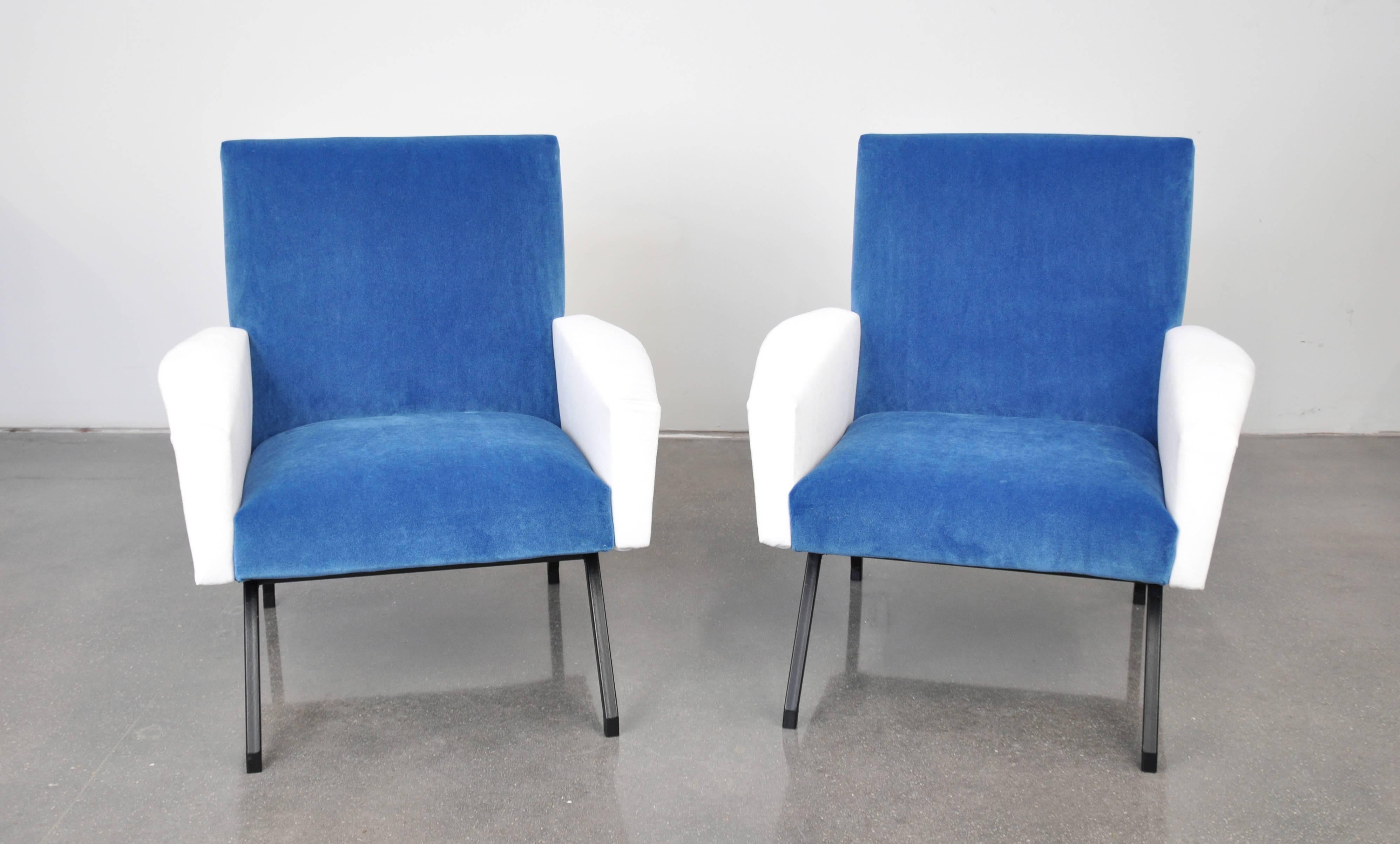 Pair of Italian Blue and White Velvet Lounge Chairs 4
