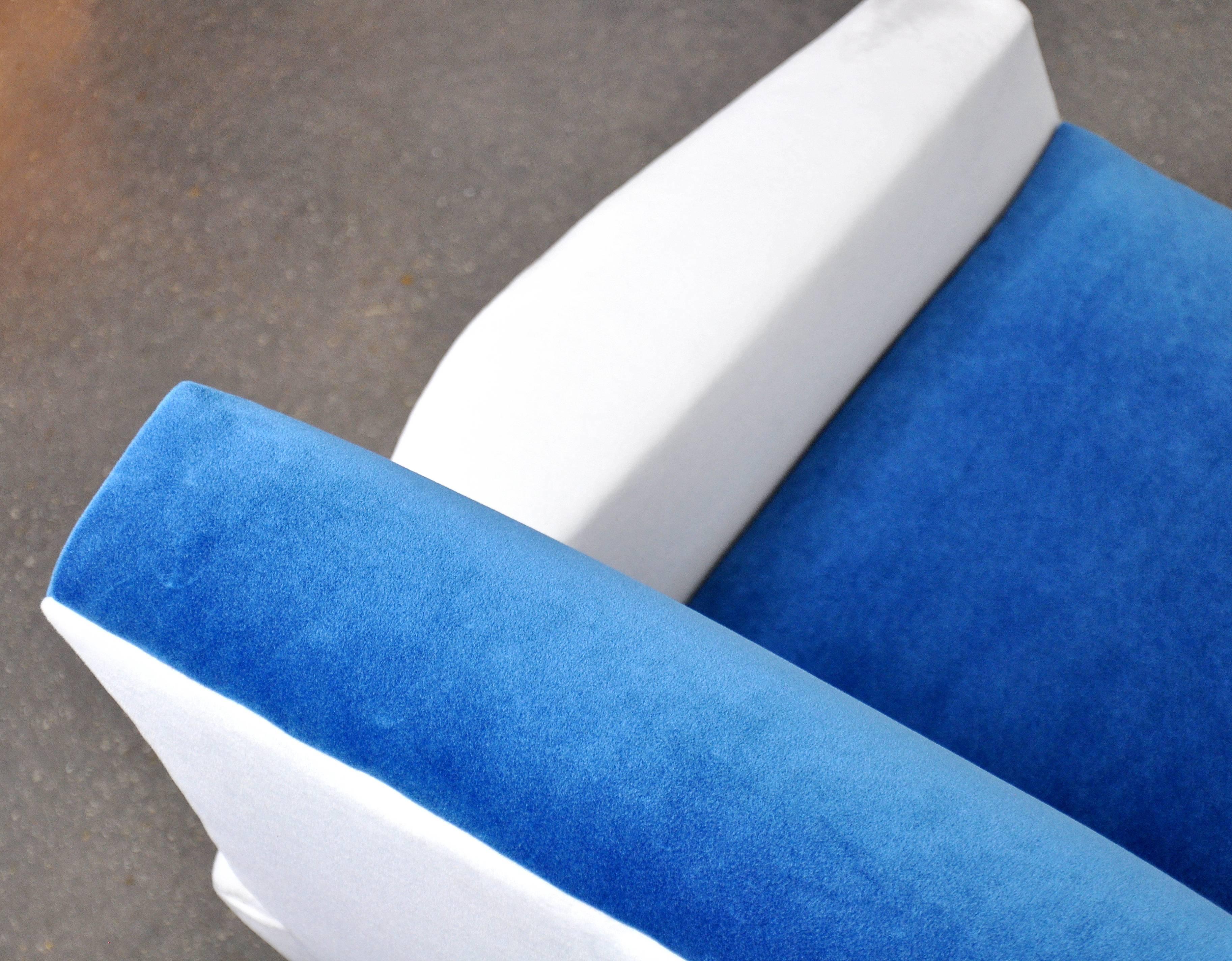 Pair of Italian Blue and White Velvet Lounge Chairs 5
