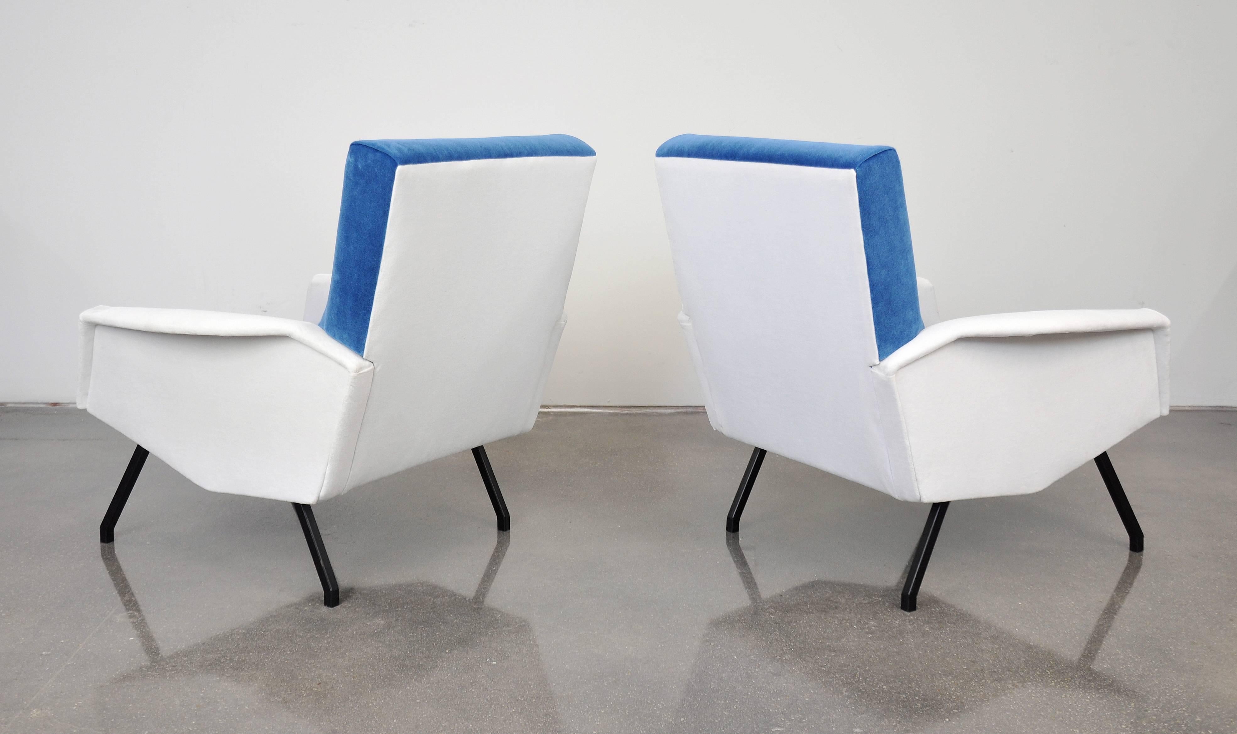 Iron Pair of Italian Blue and White Velvet Lounge Chairs