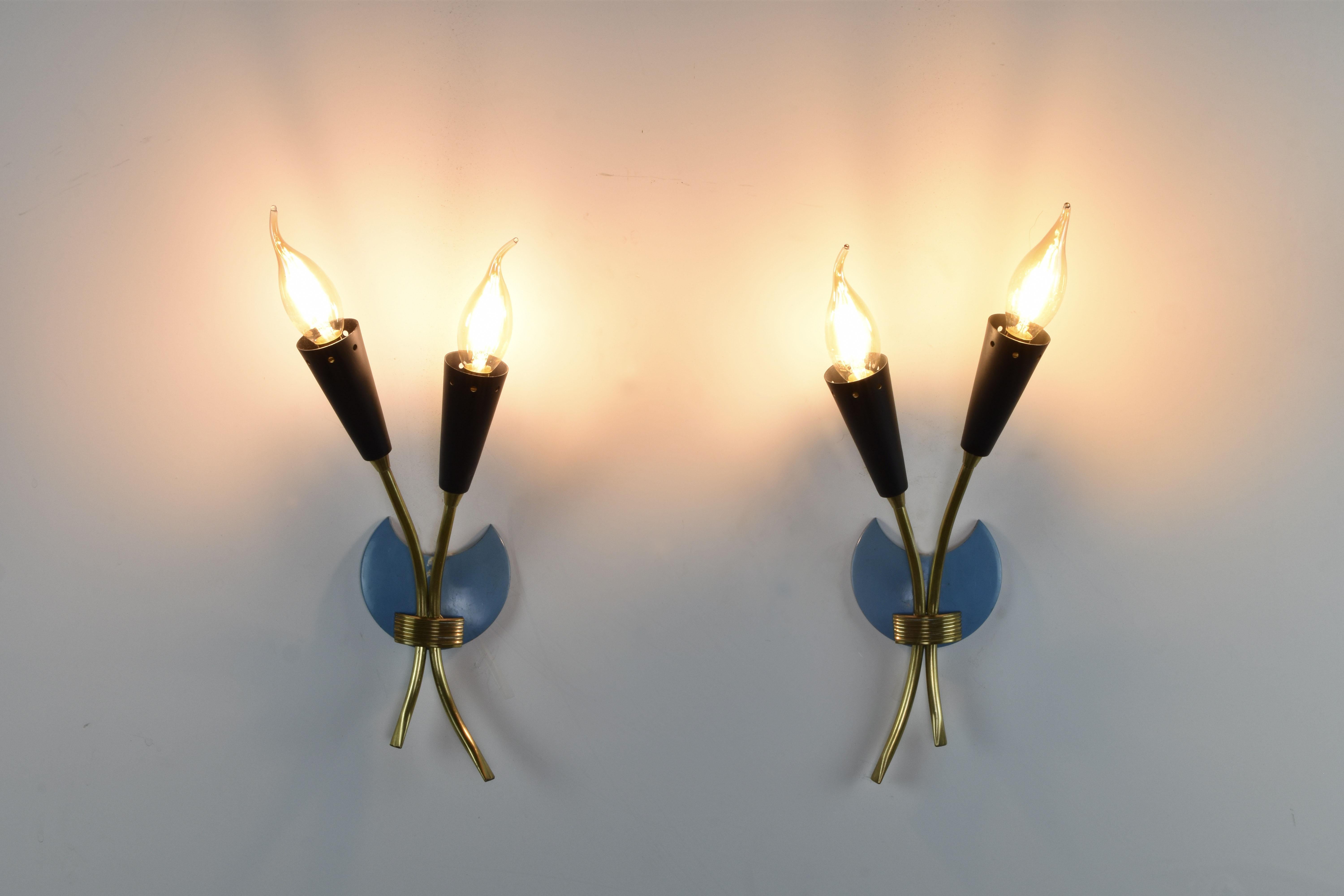20th Century Pair of Italian Blue Brass Sconces, 1950s For Sale