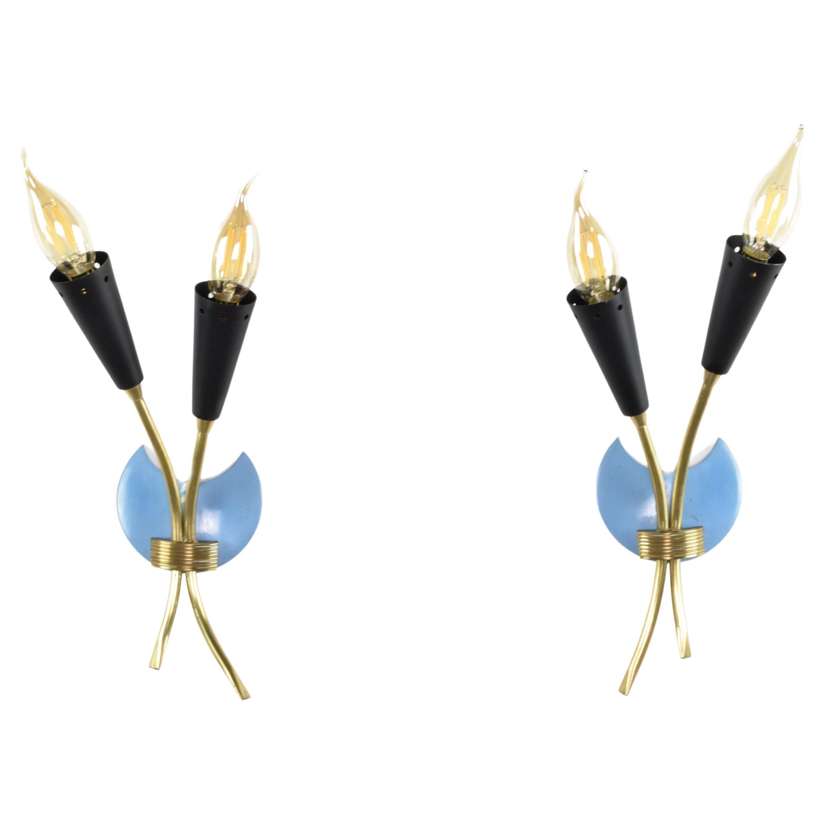 Pair of Italian Blue Brass Sconces, 1950s 