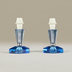Pair of Italian blue glass and chrome table lamps