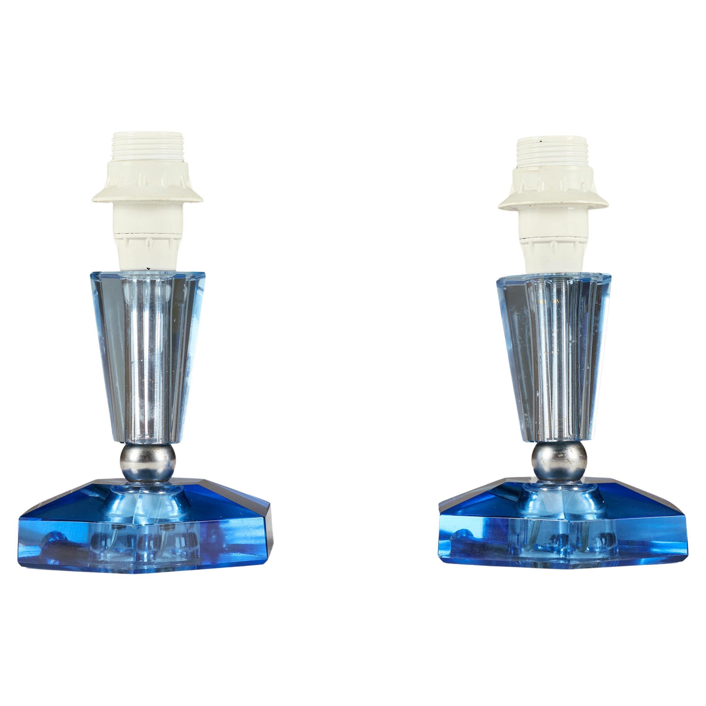 Pair of Italian blue glass and chrome table lamps For Sale