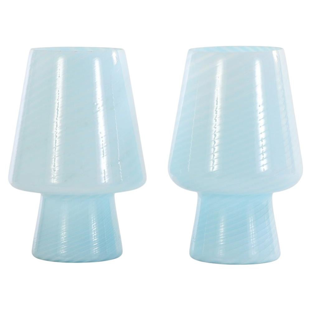 Pair of Italian Blue Glass Boudoir Lamps, C. 1990. For Sale