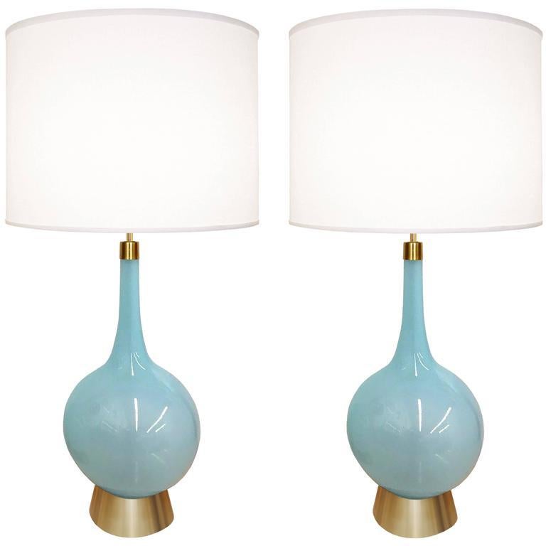 Pair of Italian Blue Glass Lamps In Excellent Condition For Sale In New York, NY