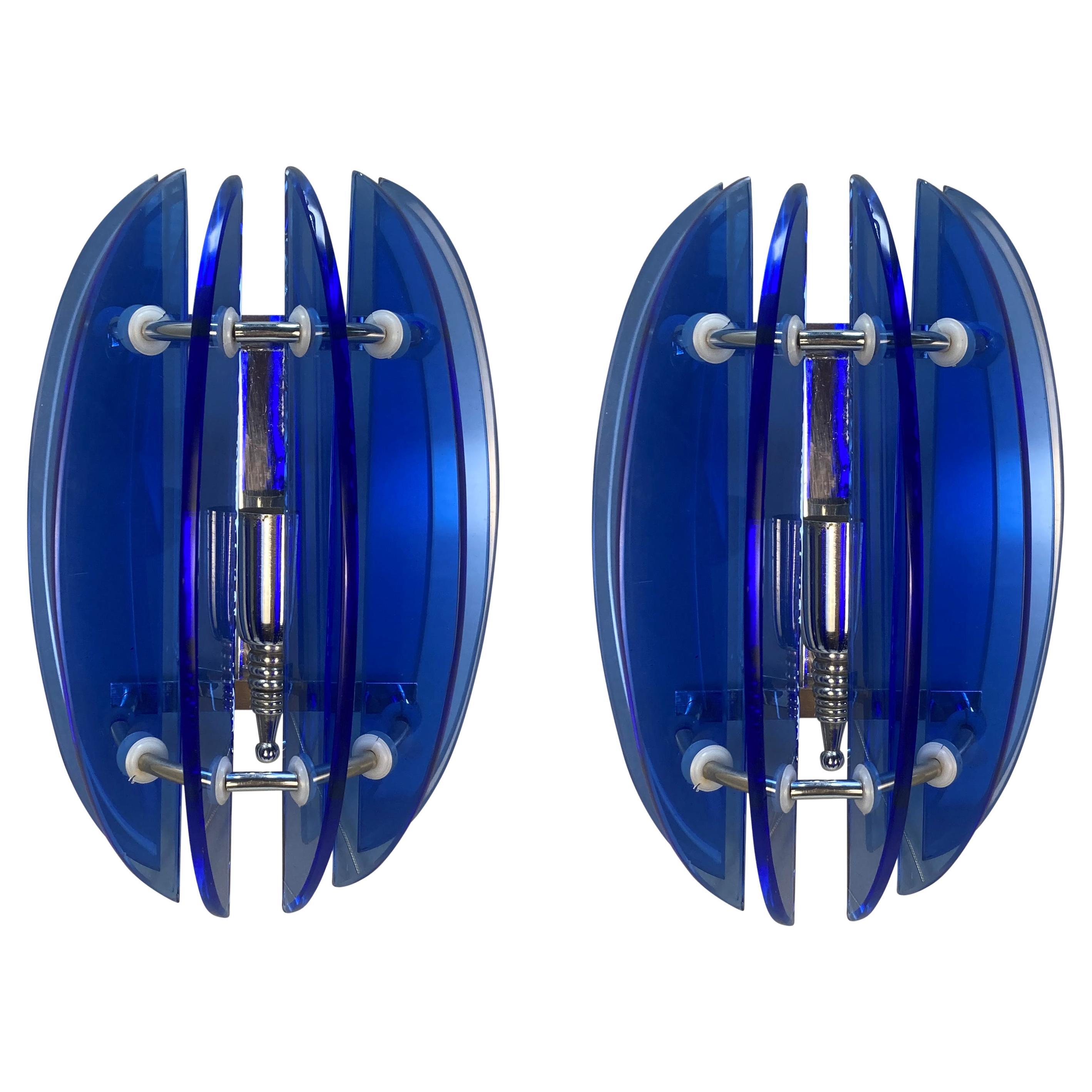 Pair Of Italian Blue Glass Wall Lights By Veca