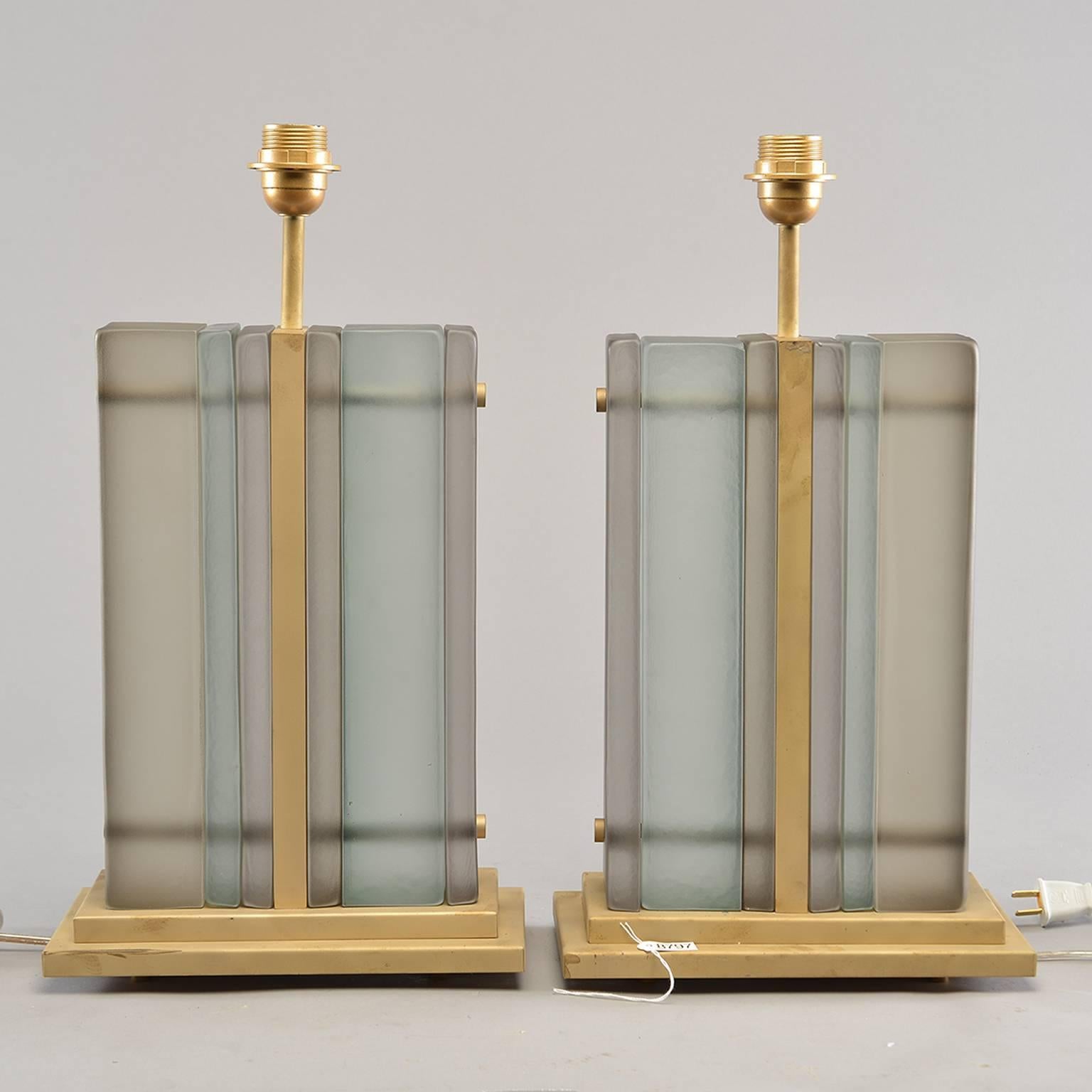 Gilt Pair of Italian Blue Layered Art Glass Table Lamps
