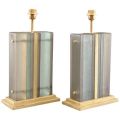 Pair of Italian Blue Layered Art Glass Table Lamps