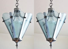 Pair of Mid-Century Italian Azure Blue Lanterns Chrome Mounted, 1960s