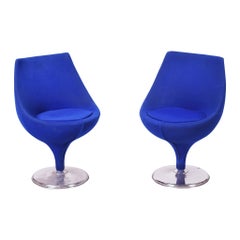Vintage Pair of Italian Blue Midcentury Swivel Chairs, Chrome, Original Condition, 1960s