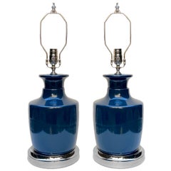 Italienische blaue Porzellanlampen, Paar