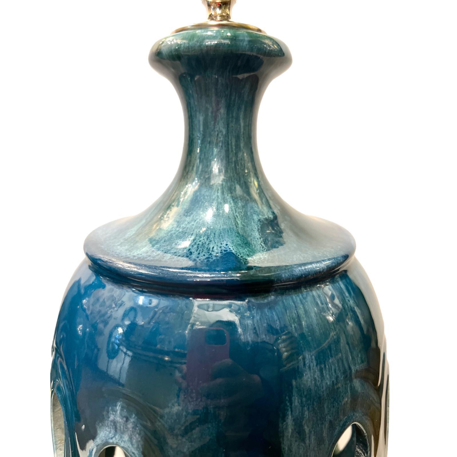 Glazed Pair of Italian Blue Porcelain Lamps For Sale