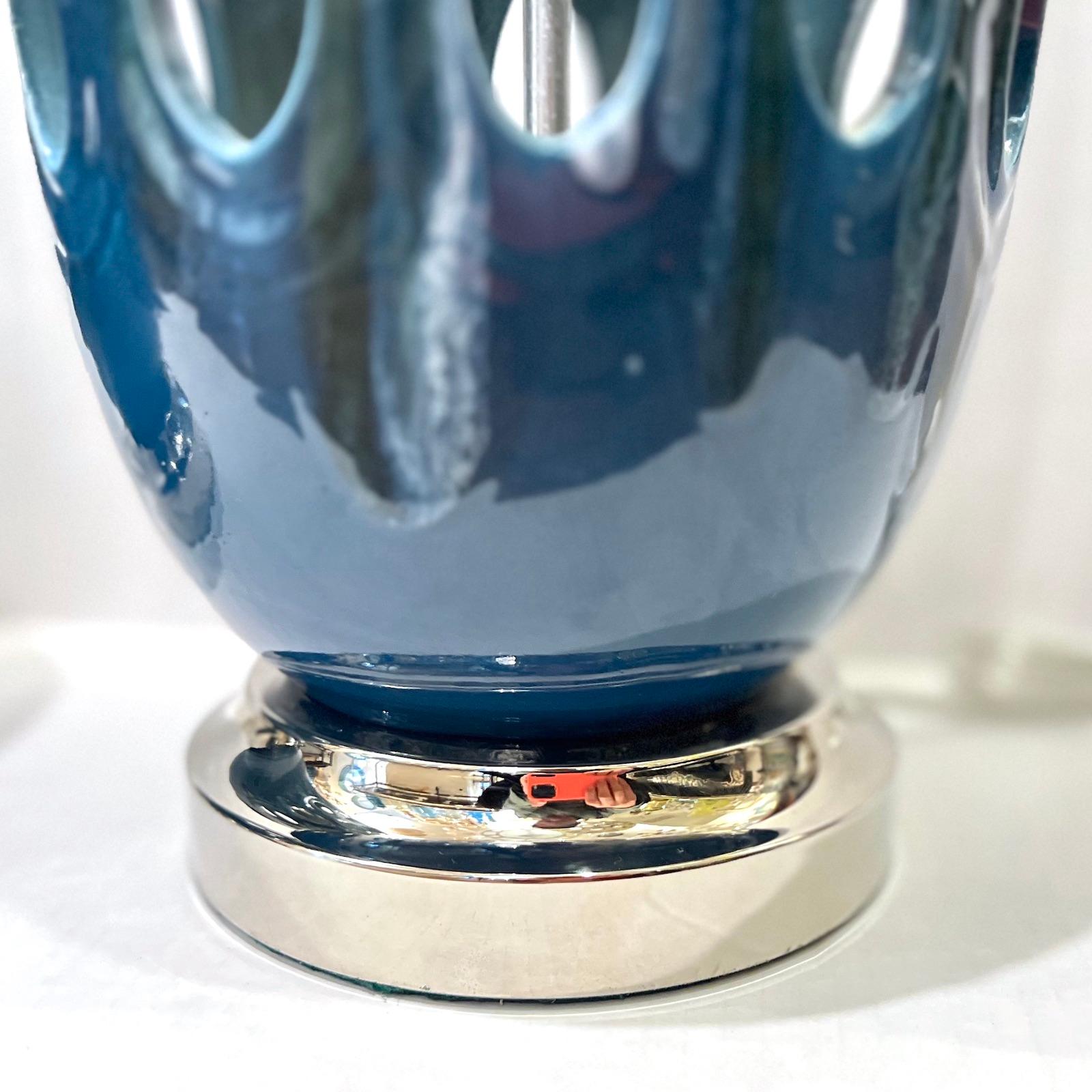 Ceramic Pair of Italian Blue Porcelain Lamps For Sale