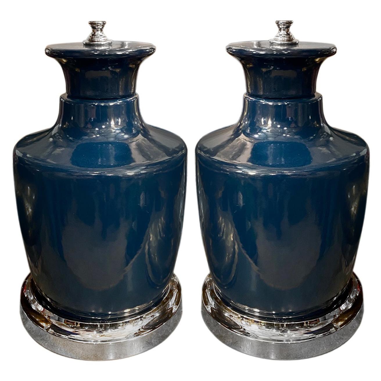 Pair of Italian Blue Porcelain Lamps For Sale