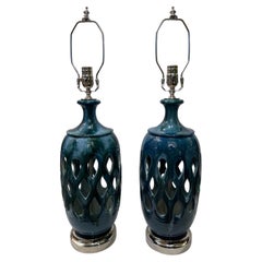 Retro Pair of Italian Blue Porcelain Lamps