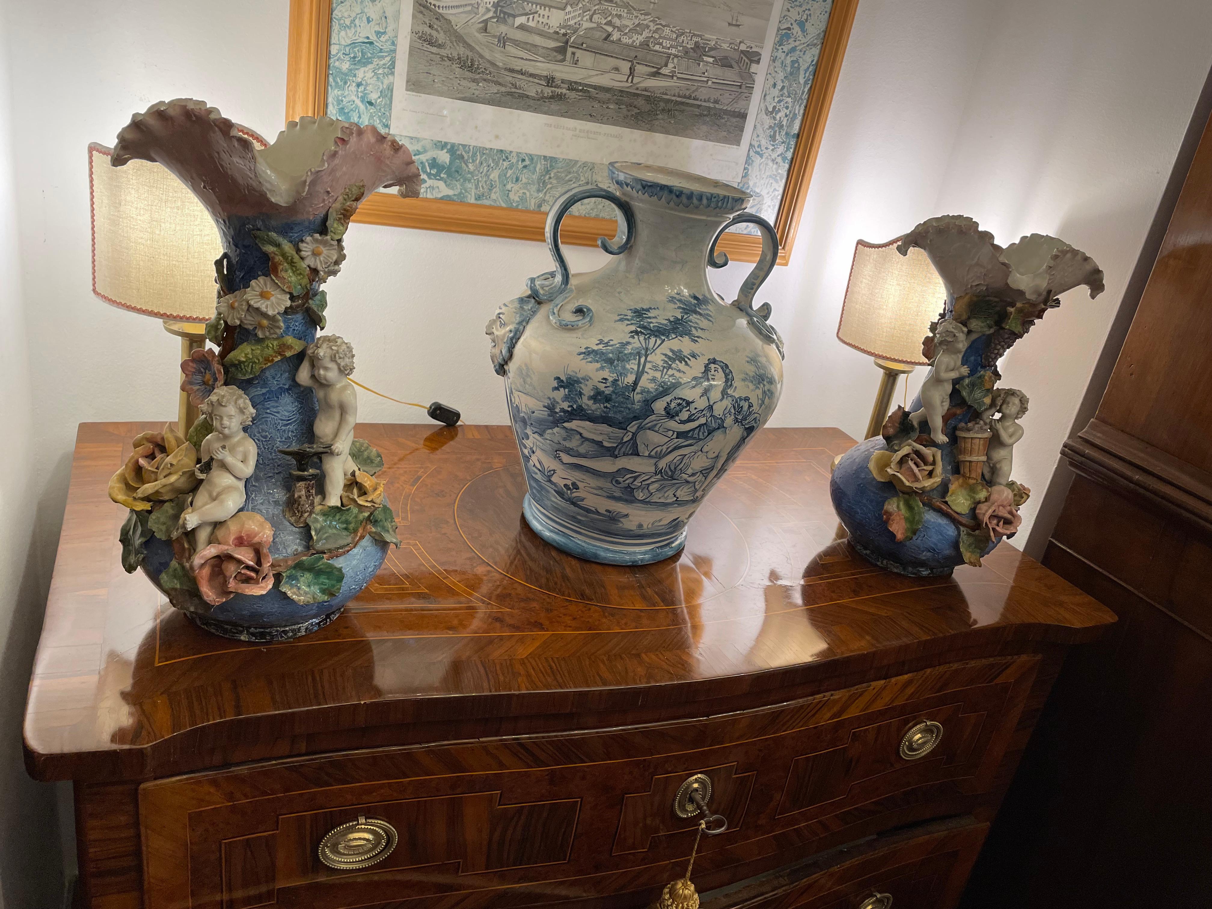 Pair of Italian Blue Vases with Belle Époque Barbotine Putti and Flowers  For Sale 8