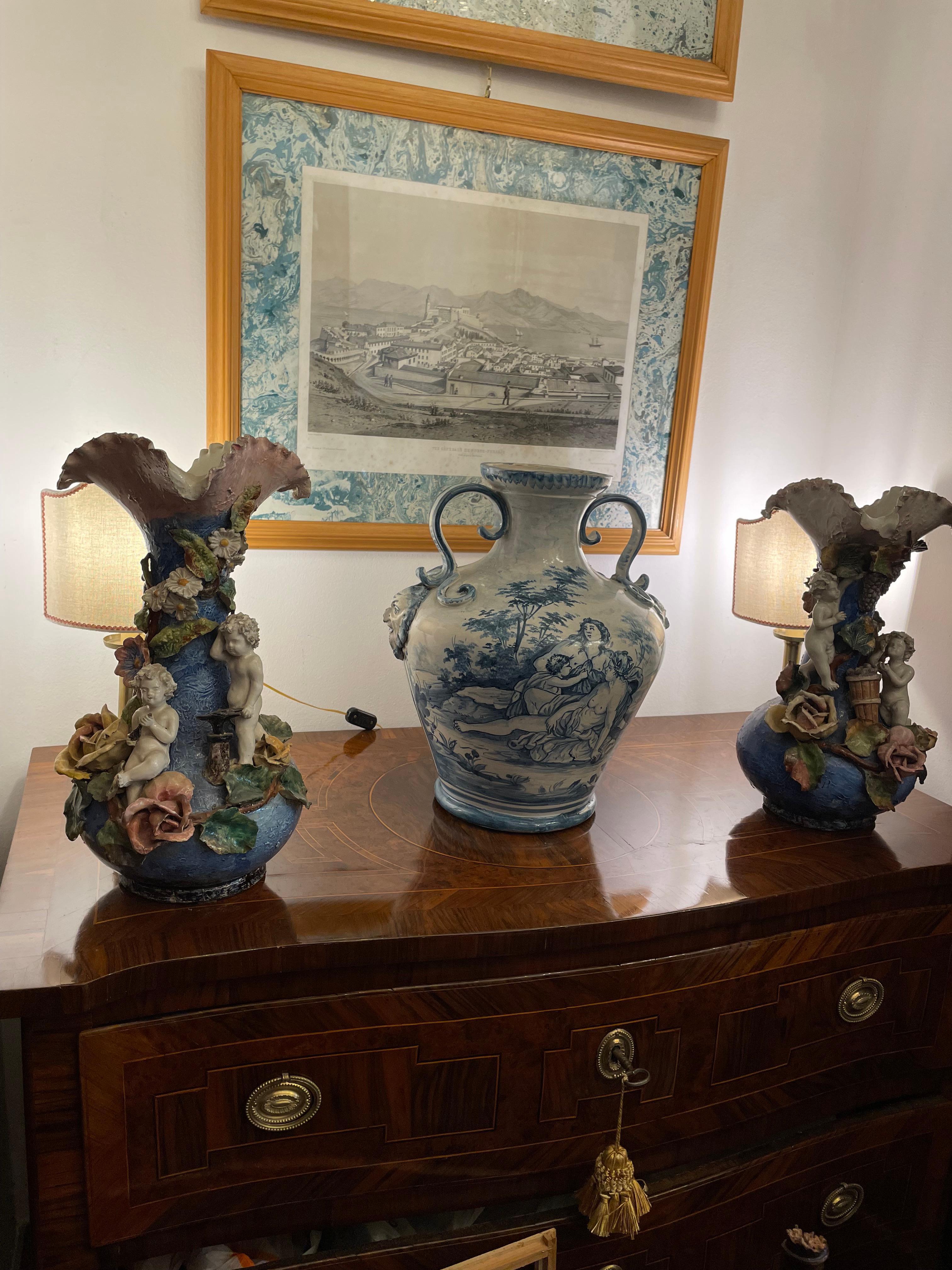 Pair of Italian Blue Vases with Belle Époque Barbotine Putti and Flowers  For Sale 13
