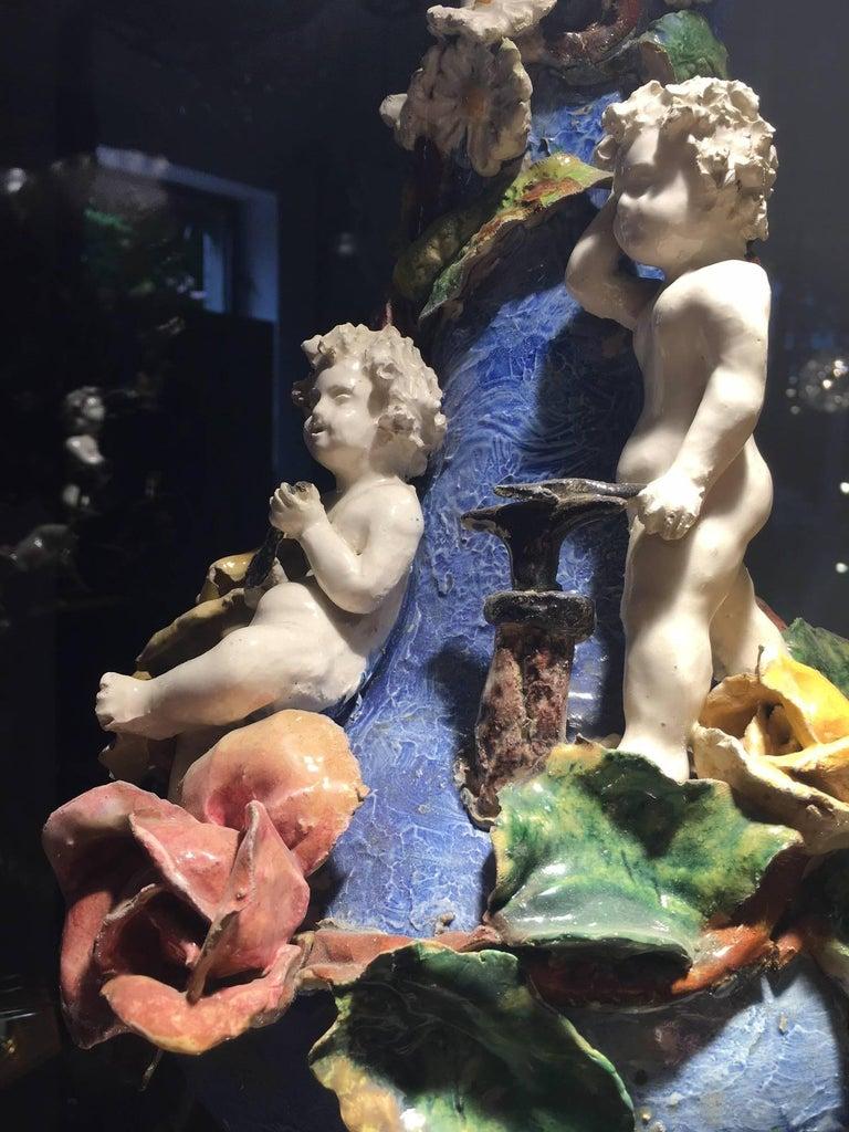 Pair of Italian Blue Vases with Belle Époque Barbotine Putti and Flowers  In Good Condition For Sale In Milan, IT