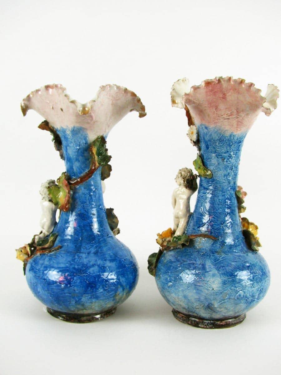20th Century Pair of Italian Blue Vases with Belle Époque Barbotine Putti and Flowers  For Sale