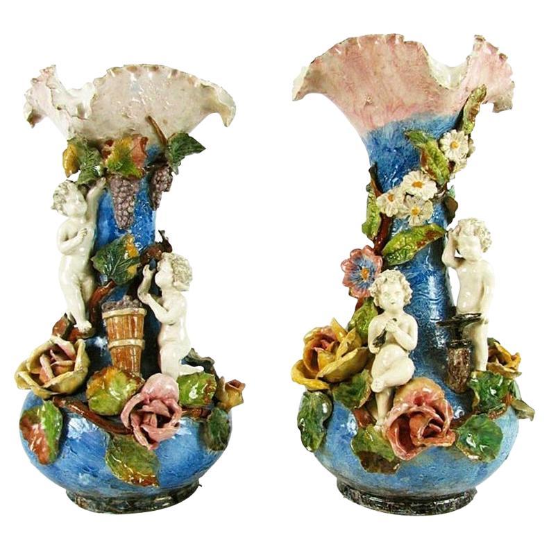 Pair of Italian Blue Vases with Belle Époque Barbotine Putti and Flowers  For Sale