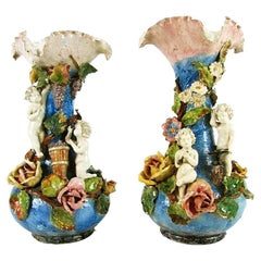 Pair of Italian Blue Vases with Belle Époque Barbotine Putti and Flowers 