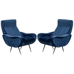 Pair of Italian Blue Velvet Lounge Chairs Attributed to Zanuso Style