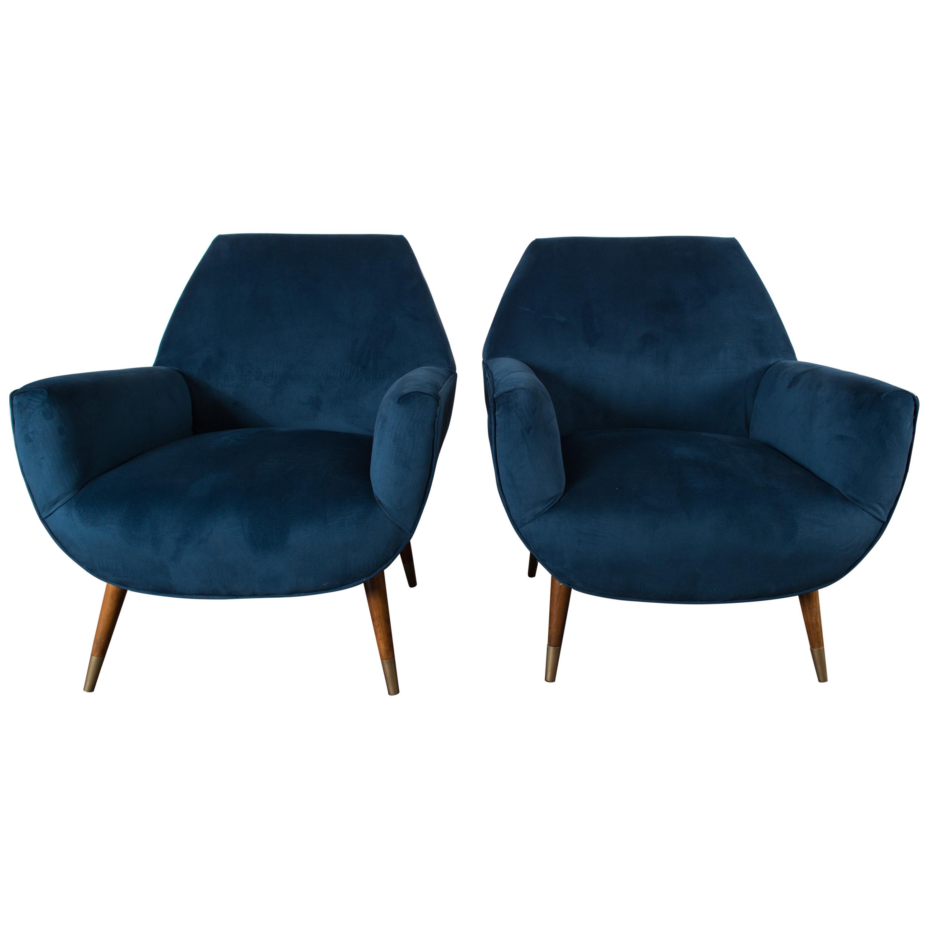 Pair of Italian Blue Velvet Mid-Century Modern Lounge Chairs