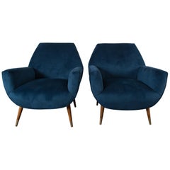 Pair of Italian Blue Velvet Mid-Century Modern Lounge Chairs