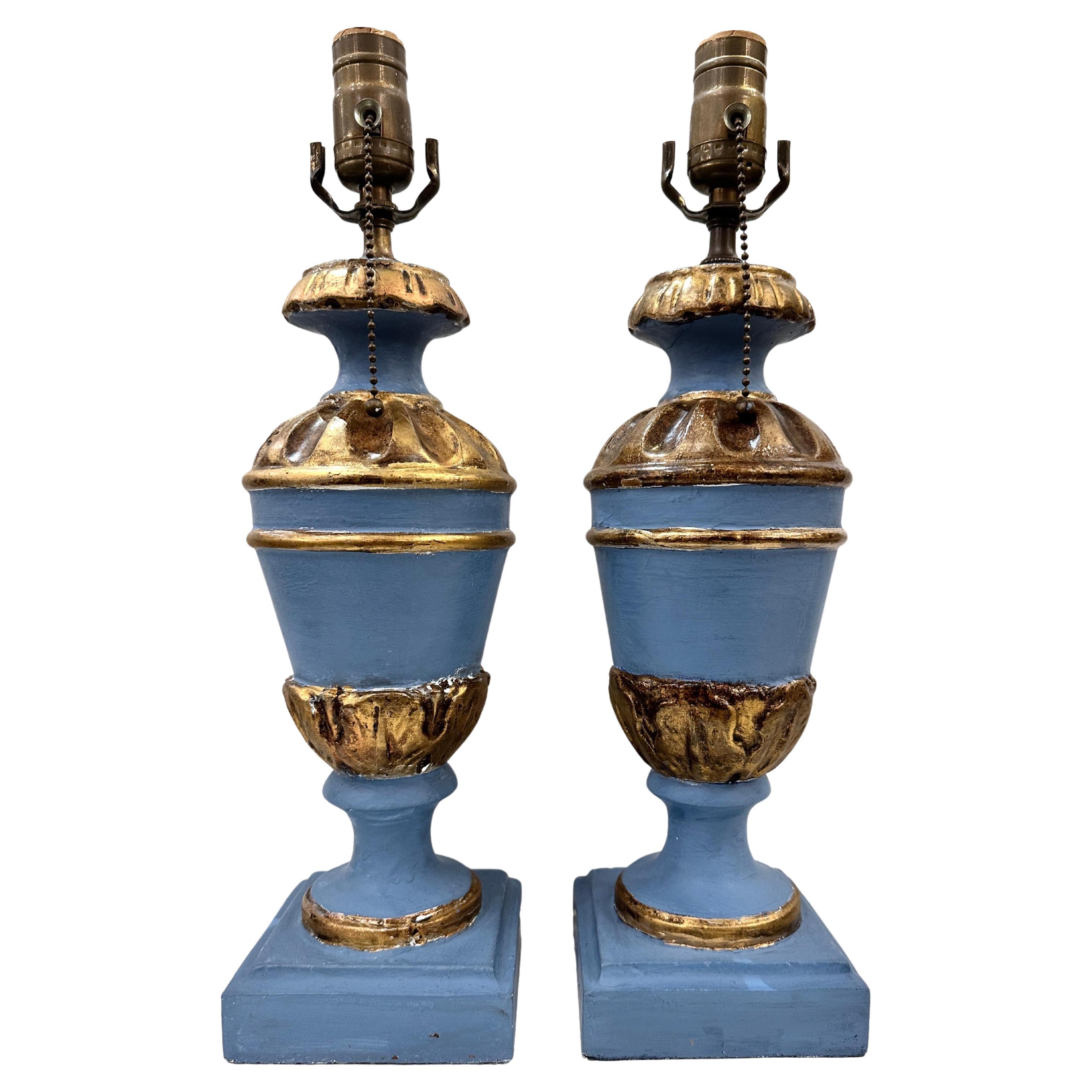 Pair of Italian Blue Wood Lamps For Sale