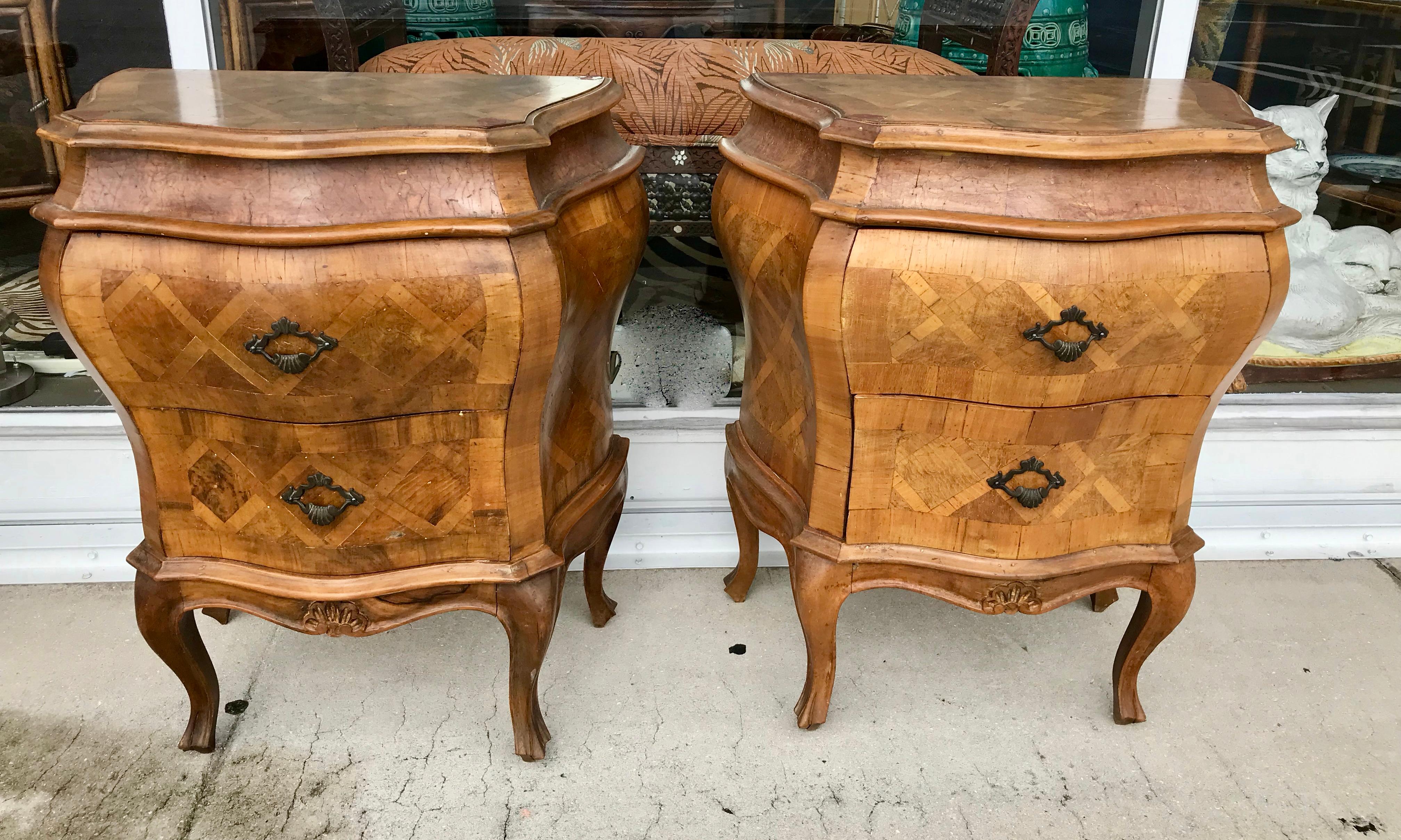 Parquetry Pair of Italian Bombe' Chair-Side Commodes