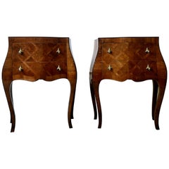 Pair of Italian Bombe Form and Marquetry Inlaid Commodinis Pair of Italian Bombe Form and Marquetry Inlaid Commodinis