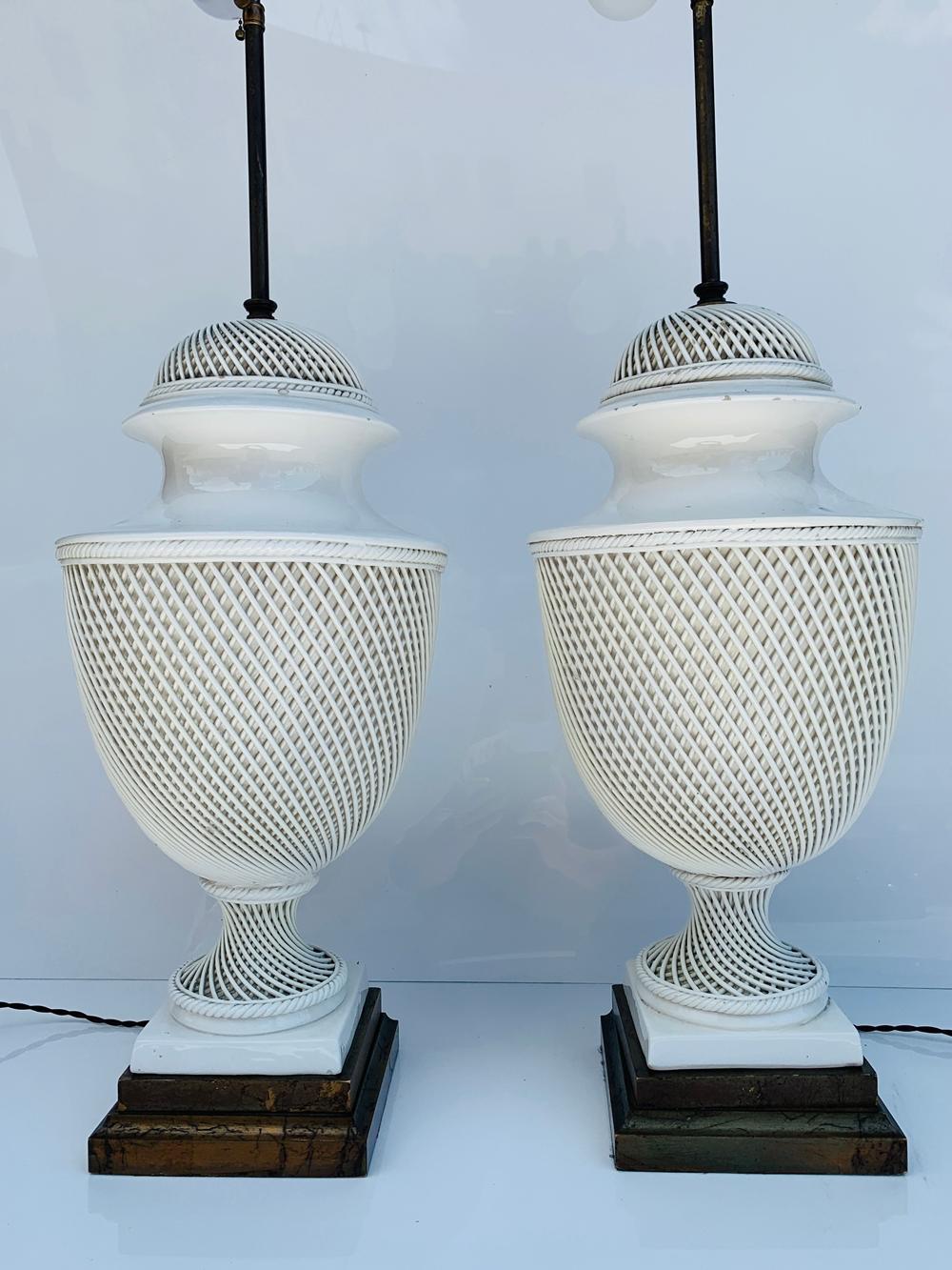 Brass Pair of Italian Braided Ceramic Lamps With Gilded Base