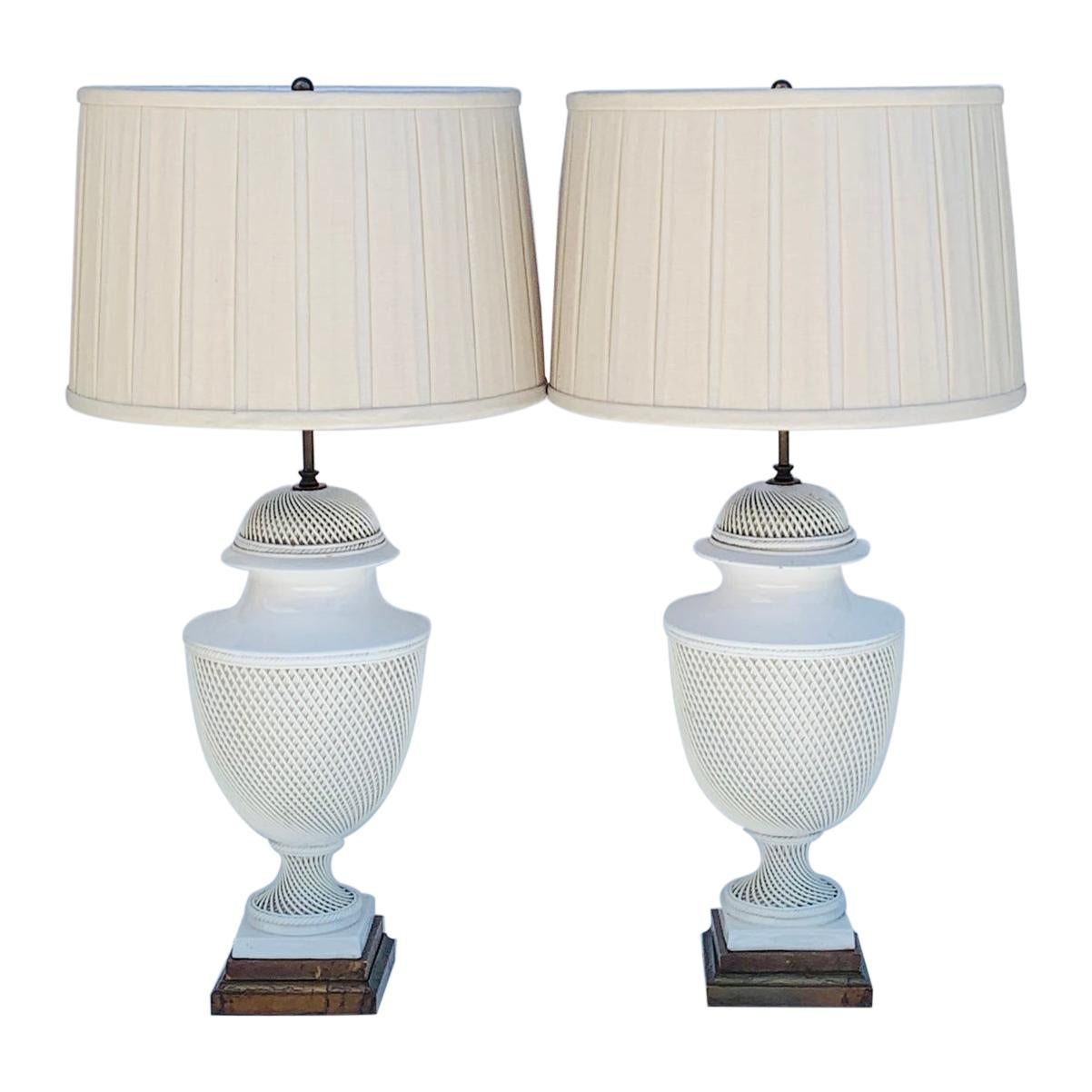 Pair of Italian Braided Ceramic Lamps With Gilded Base