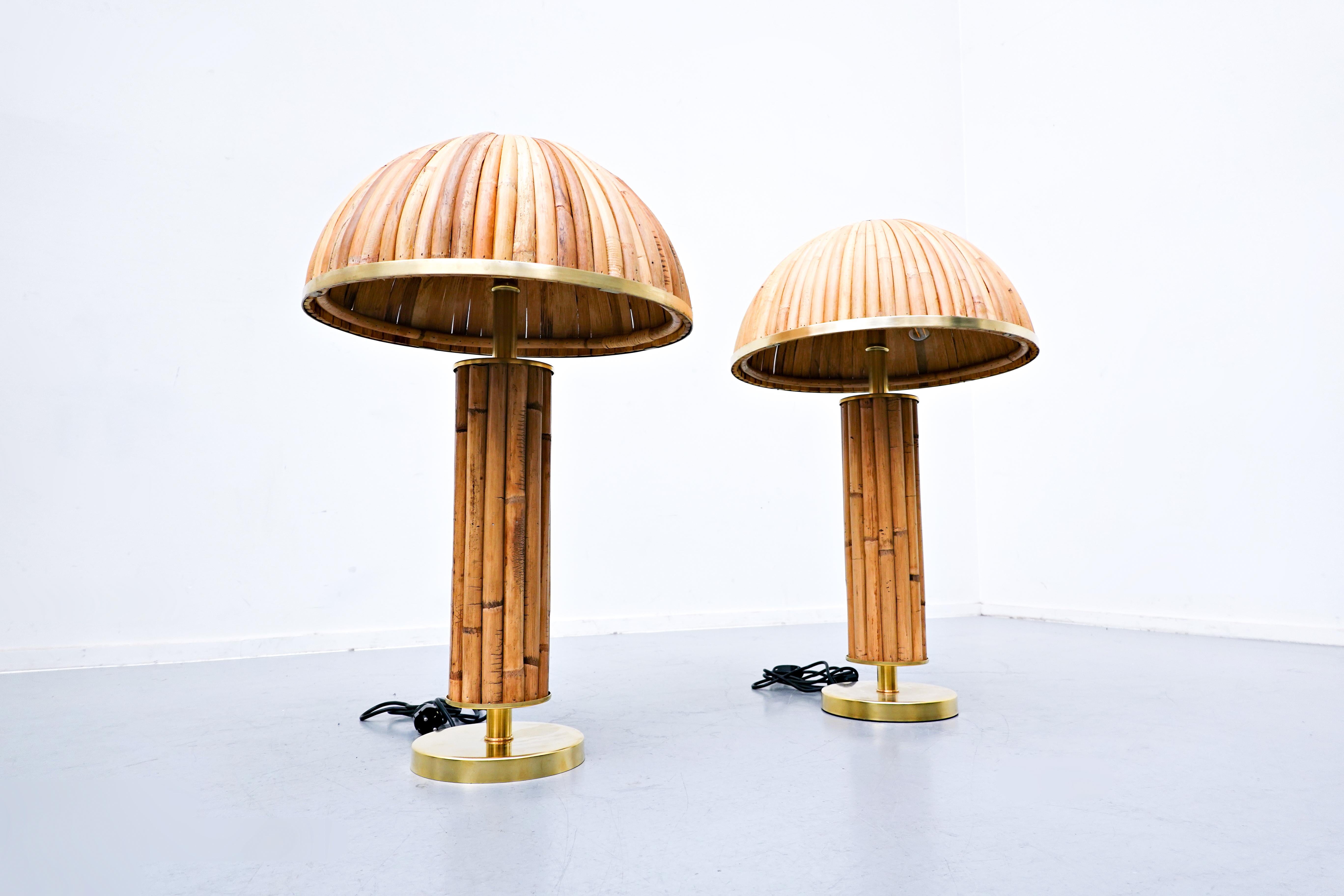 Pair of Italian brass and bamboo table lamp.