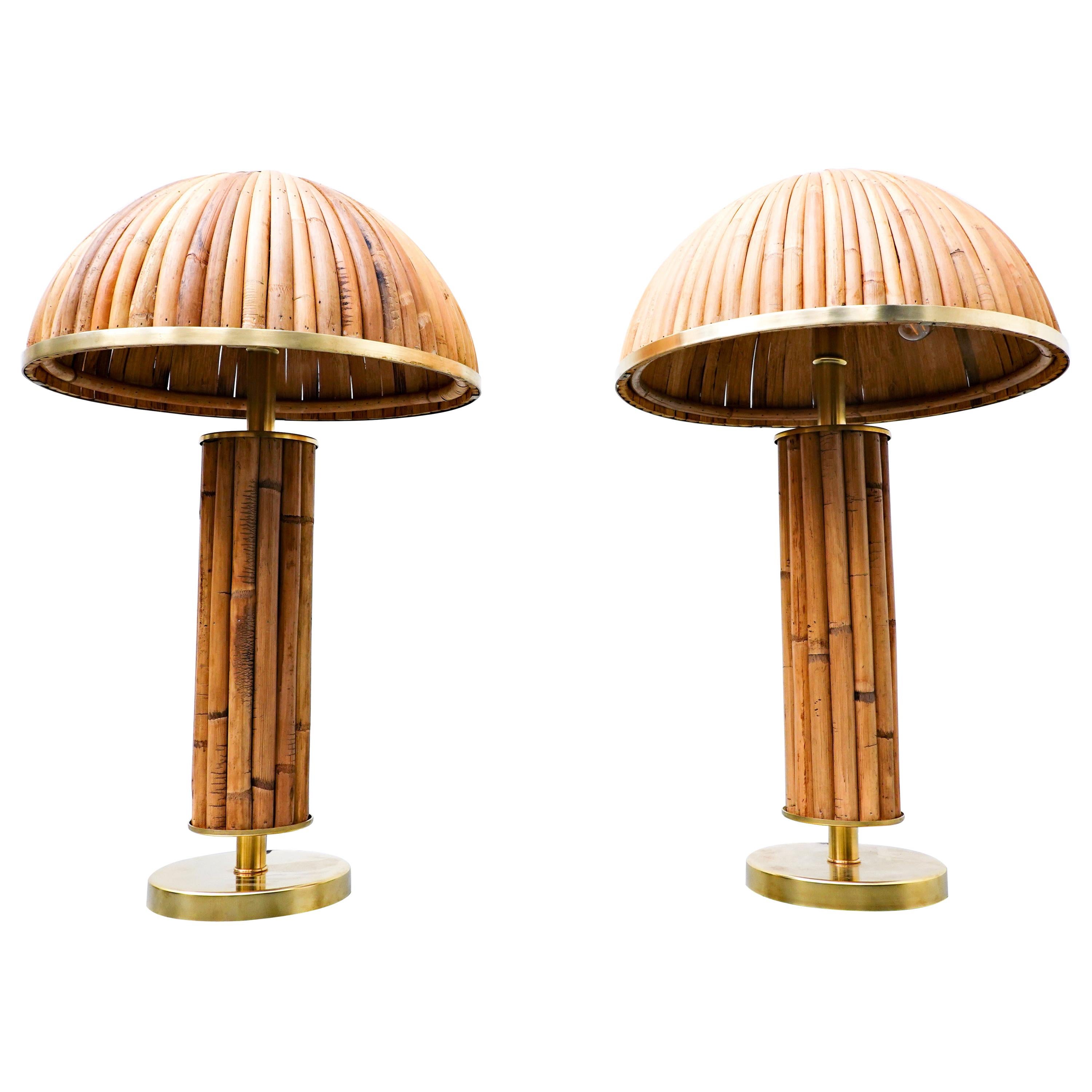 Pair of Italian Brass and Bamboo Table Lamp For Sale