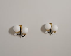 Pair of Italian Brass and Black Enamel Double-Globe Wall Sconces, 1950s