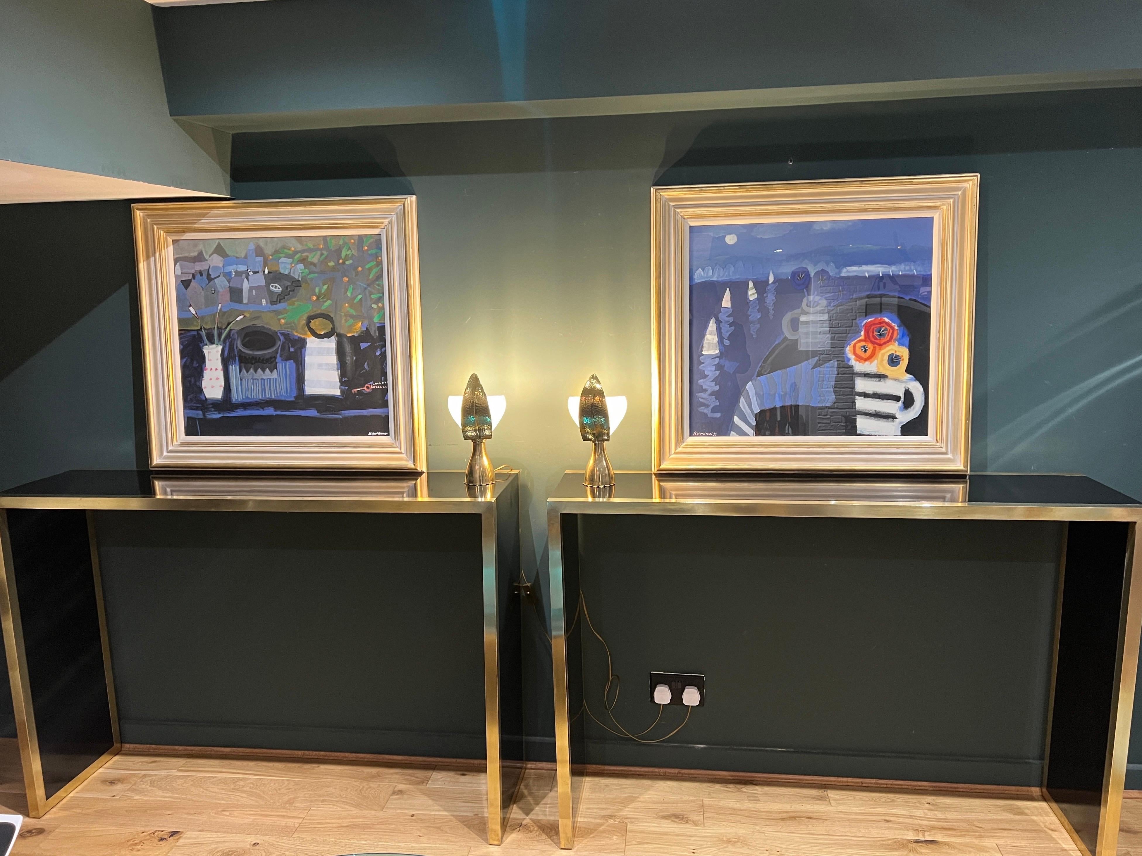 Lacquered Pair of Italian brass and black lacquer console tables