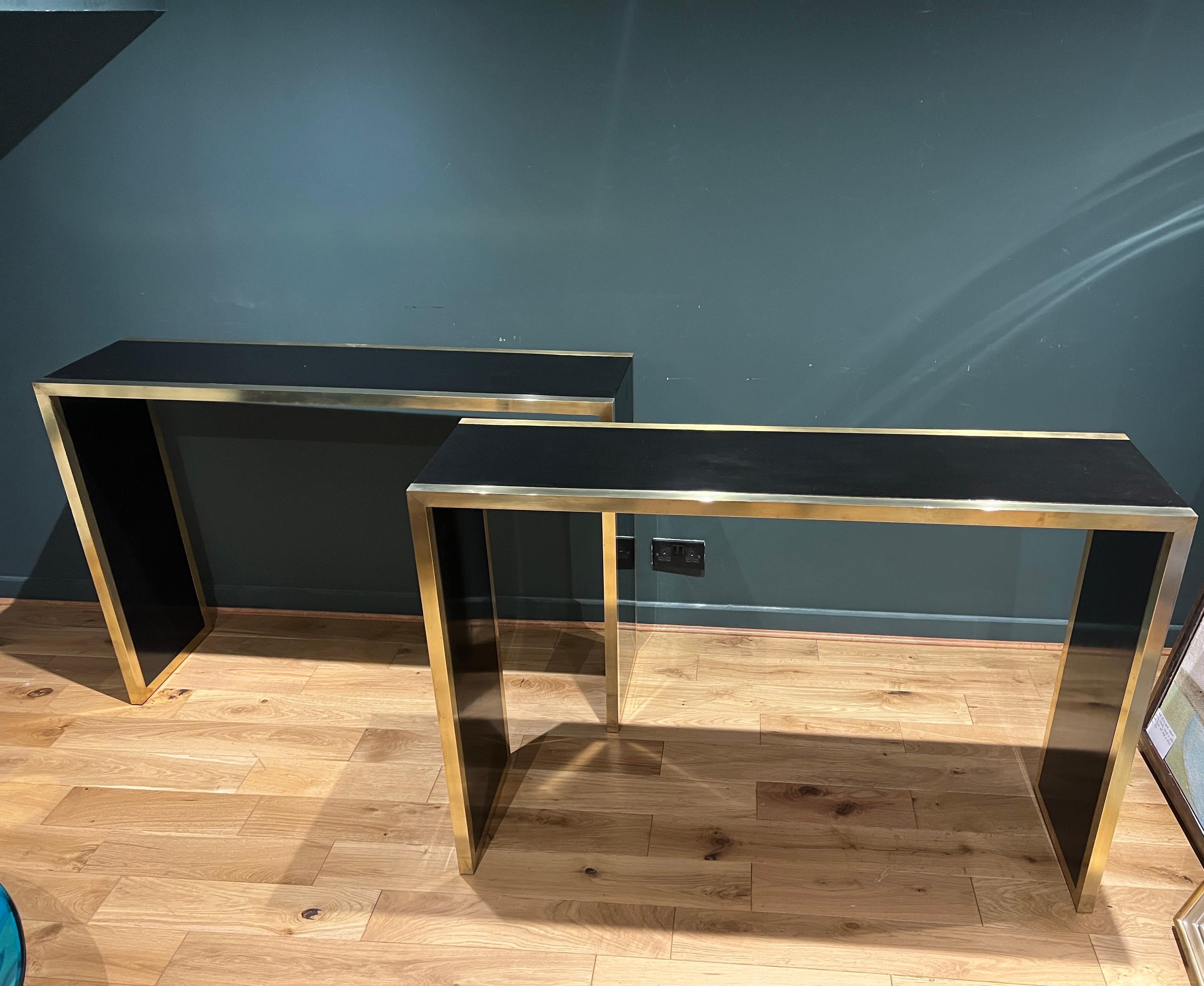 20th Century Pair of Italian brass and black lacquer console tables